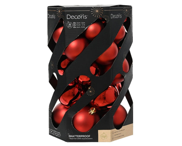 Shatterproof Mixed 30 Christmas Baubles - Red - Various Sizes
