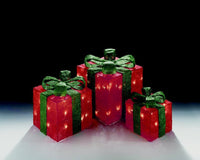 Set of 3 Light Up Light up Gift Boxes / Presents with Green Bows - Red Parcels