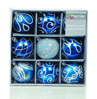 Shatterproof Mixed 9 Pack of Christmas Baubles - Midnight Blue - Various Designs