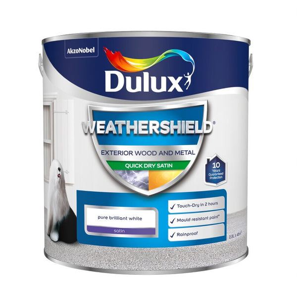 Dulux Weathershield Exterior Satin Pure Brilliant White Paint Size 750ml / 2.5L