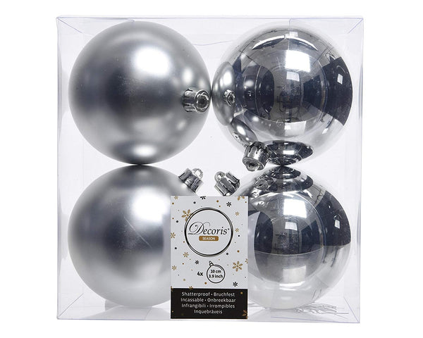 Christmas Tree Baubles, shatterproof, Mixed Shiny & Matt Silver - 100mm - 4 Pack