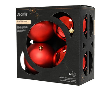 Christmas Tree Baubles, shatterproof, Mixed Shiny & Matt Red - 100mm - 4 Pack