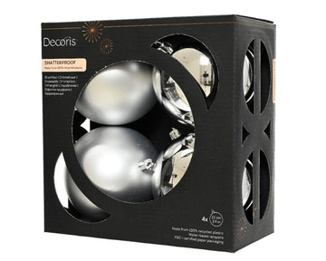 Christmas Tree Baubles, shatterproof, Mixed Shiny & Matt Silver - 100mm - 4 Pack