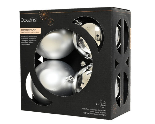 Christmas Tree Baubles, shatterproof, Mixed Shiny & Matt Silver - 100mm - 4 Pack