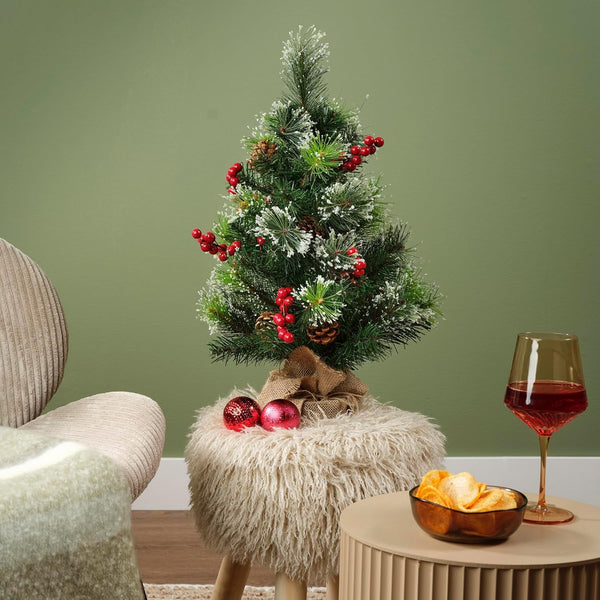 Mini Snowy Christmas Tree with Berries and Pine Cones In Jute Bag - 60cm