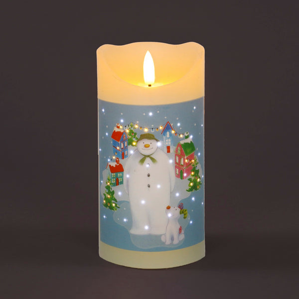 Snowtime Christmas Candle with Snowman and Snowdog Village Scene