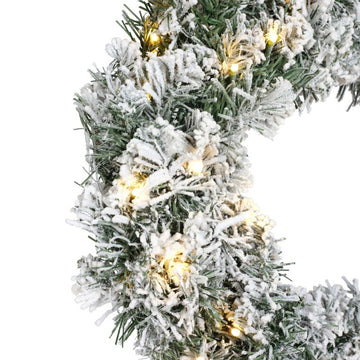 Snowy Green Lit Christmas Door Wreath - Warm White Leds - 50cm Diameter