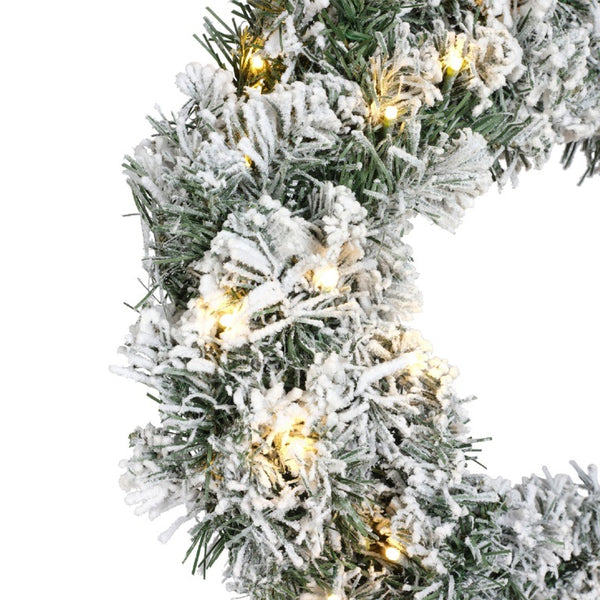 Snowy Green Lit Christmas Door Wreath - Warm White Leds - 50cm Diameter