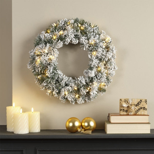 Snowy Green Lit Christmas Door Wreath - Warm White Leds - 50cm Diameter