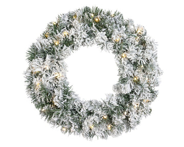 Snowy Green Lit Christmas Door Wreath - Warm White Leds - 50cm Diameter