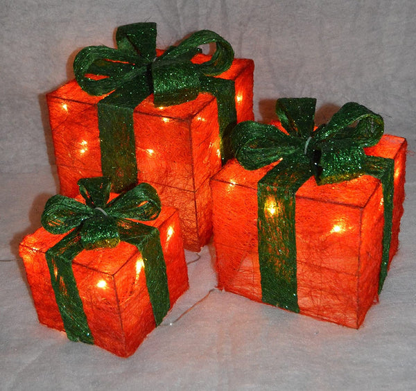 Set of 3 Light Up Light up Gift Boxes / Presents with Green Bows - Red Parcels