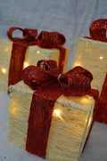 Set of 3 Light Up Light up Gift Boxes / Presents with Red Bows - White Parcels