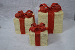 Set of 3 Light Up Light up Gift Boxes / Presents with Red Bows - White Parcels