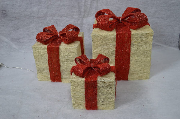 Set of 3 Light Up Light up Gift Boxes / Presents with Red Bows - White Parcels
