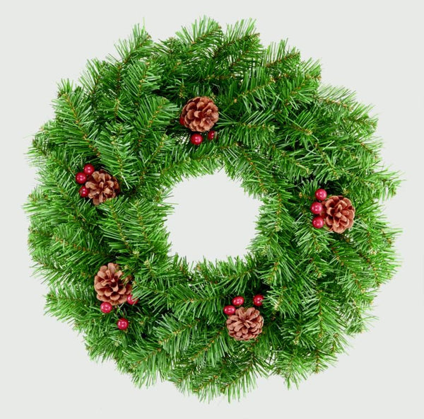 Green Christmas Door Wreath with Berries & Cones Decoration - 50cm