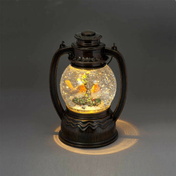 Snowtime Christmas Snow Storm Water Lantern with Robins - 20cm - Warm White LED