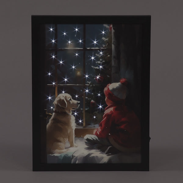 Snowtime Fibre Optic Framed Canvas Puppy and Child Battery Operated