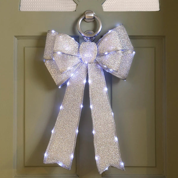Christmas Light Up Door Bow 40cm x 60cm Battery Operated - Silver