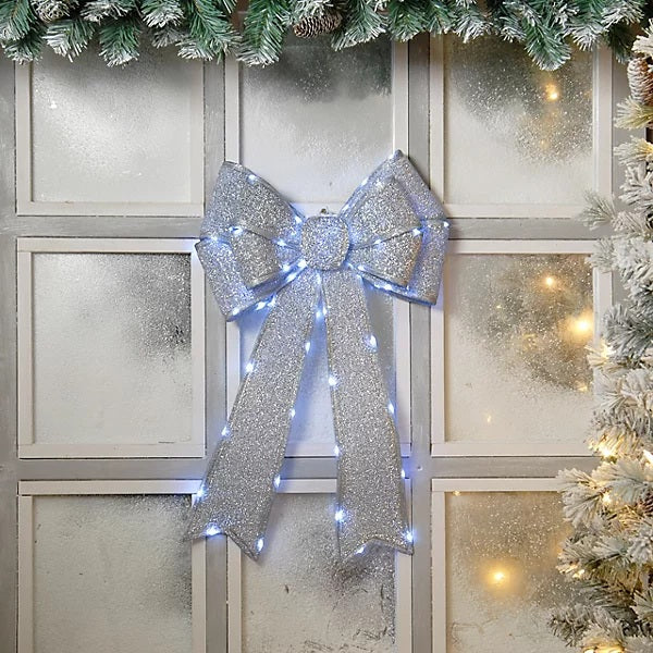 Christmas Light Up Door Bow 40cm x 60cm Battery Operated - Silver