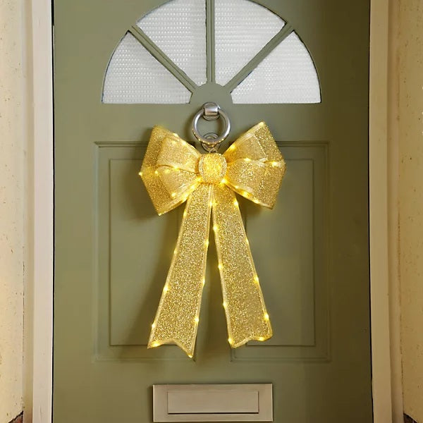 Christmas Light Up Door Bow 40cm x 60cm Battery Operated - Gold