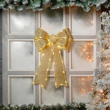 Christmas Light Up Door Bow 40cm x 60cm Battery Operated - Gold