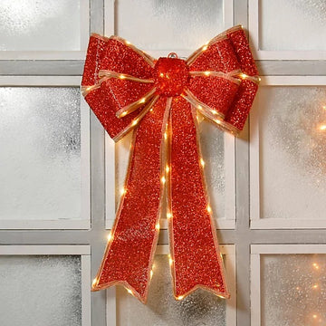 Christmas Light Up Door Bow 40cm x 60cm Battery Operated - Red