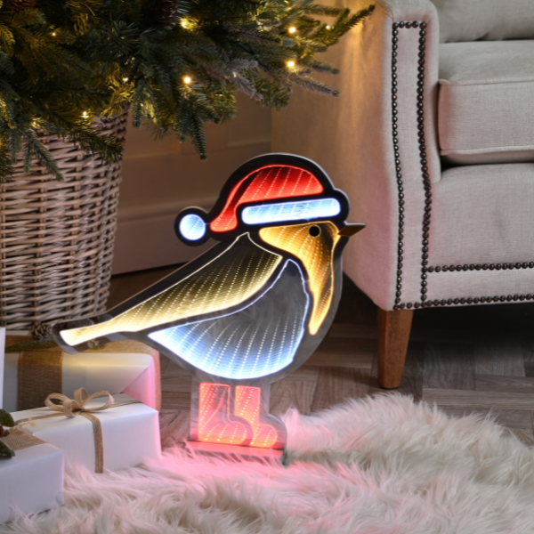 Festive Infinity Robin Light with Red Boots and Wooden Base - 40cm