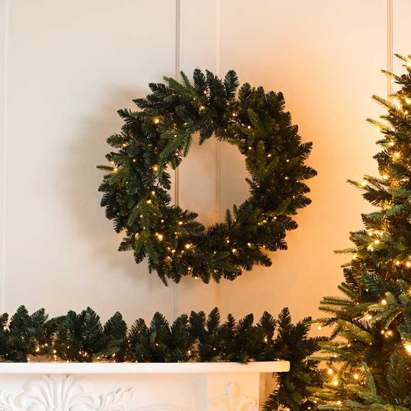 Festive Firefly Lit Christmas Wreath with Warm White Battery Lights - 60cm