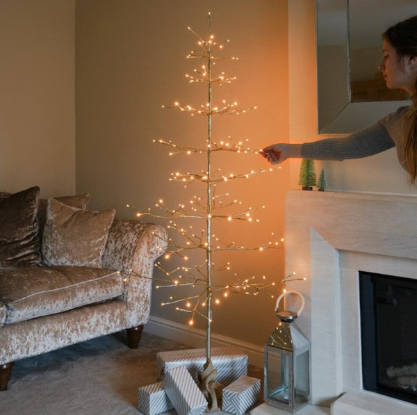 Festive Champagne Twig Christmas Tree With Trad Warm White LEDs - 6ft (180cm)