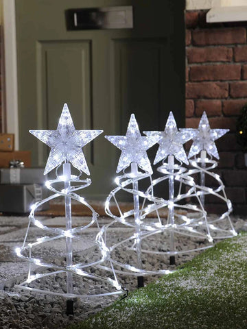 Festive Outdoor Set of 4 Spiral Pathfinder Christmas Trees Lights White