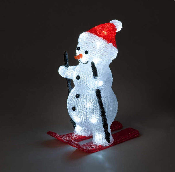 Acrylic Skiing Snowman Christmas Decoration - 29cm - 30 Ice White LED's